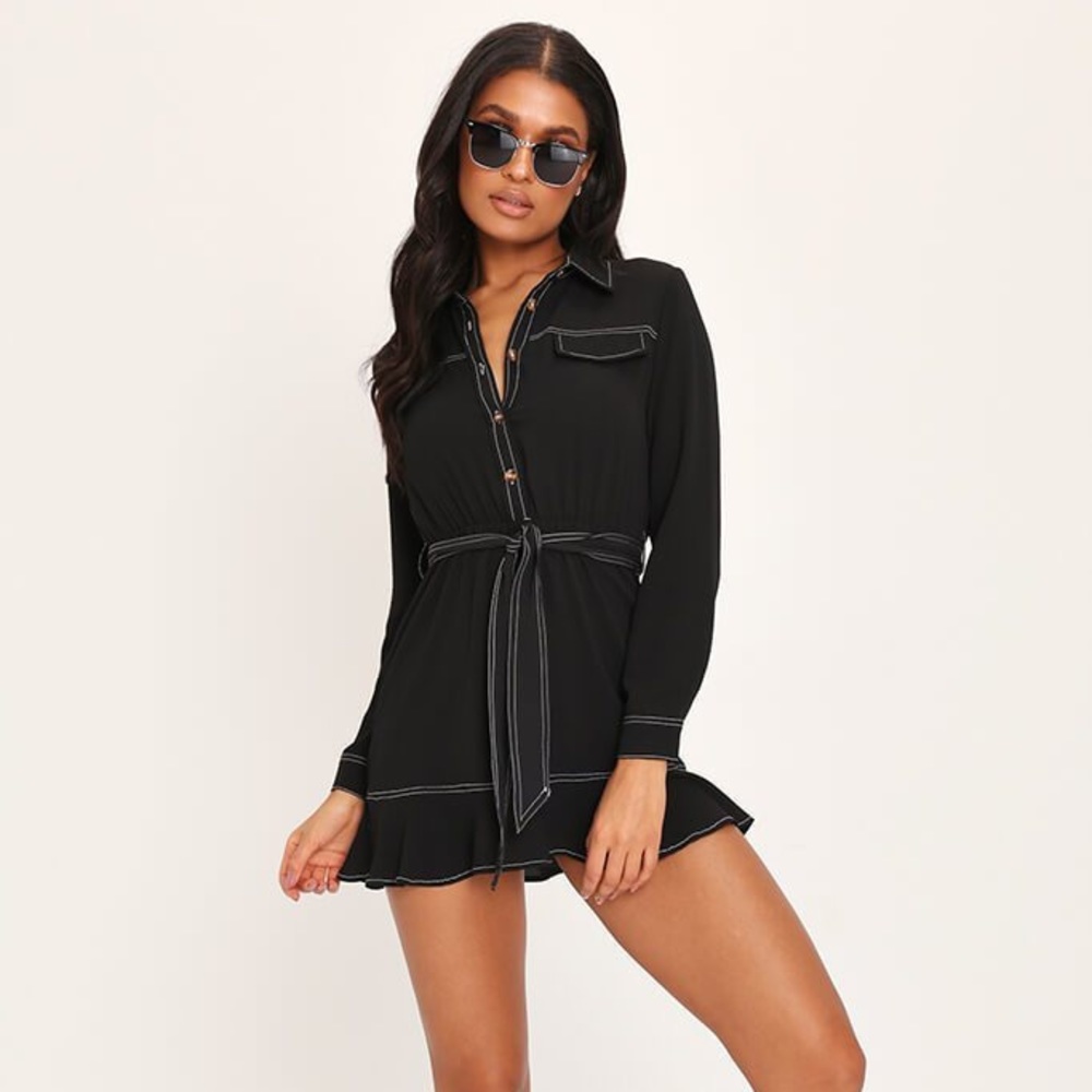 Long Sleeve White Stitched Flare Dress